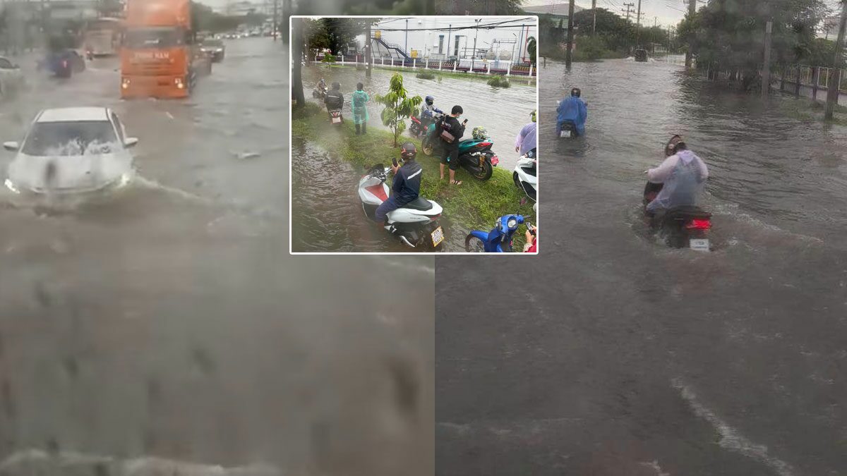 อ่วมรถเล็กมีดับ น้ำท่วมสูง บางนา-ตราด นิคมเวลโกรว์ ฝนถล่มหนัก