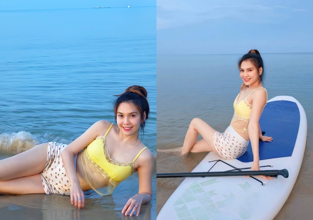 "พั้นช์ วรกาญจน์" ใส่ซีทรูนุ่งสั้นเล่นน้ำทะเล อวดผิวขาวจั๊วะ แต่ละช็อตทำใจบาง