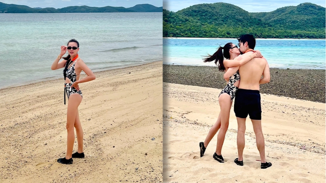 ดิว อริสรา นุ่งชุดว่ายน้ำ อวดโมเมนต์หวาน จูบ วู้ดดี้ ล่ำซำ ริมทะเล