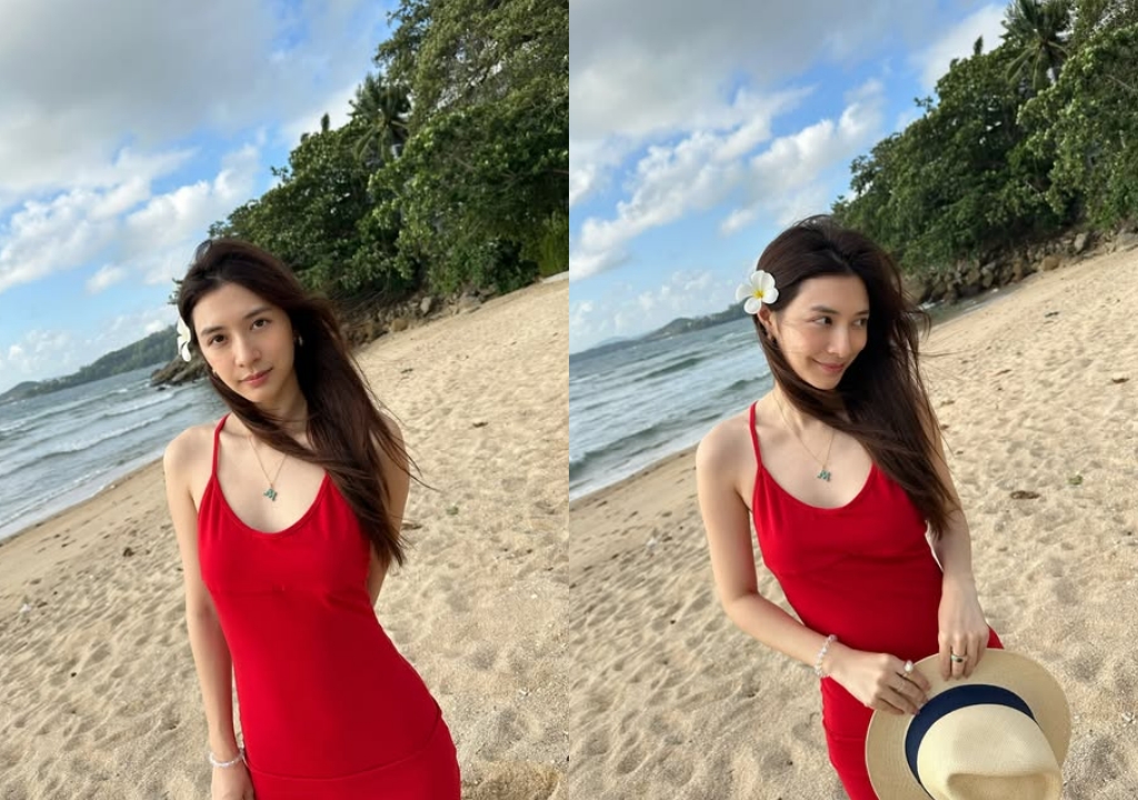 "มิว นิษฐา" นุ่งชุดแดงเดินเล่นริมทะเล ช็อตหันหลังจึ้งมาก
