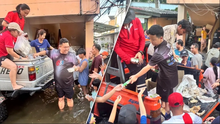 น่ารักมาก ชมภาพ "โค้ชอ๊อต" นำ "โค้ชช้าง" ลงพื้นที่ช่วยผู้ประสบภัยน้ำท่วม เขตสะพานสูง